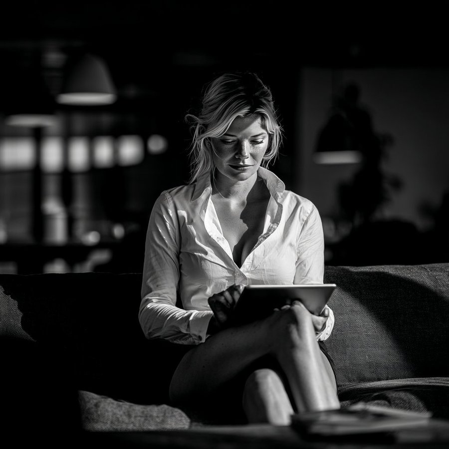 Frida Ludwig in a quiet moment, lost in thought with her tablet.